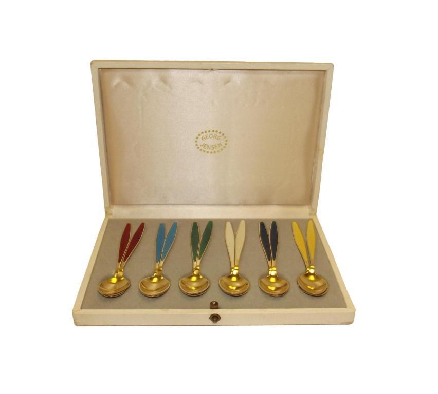 Case Set of Twelve Vintage Georg Jensen Silver Gilt Demitasse Spoons with Guilloche Enamel Stems