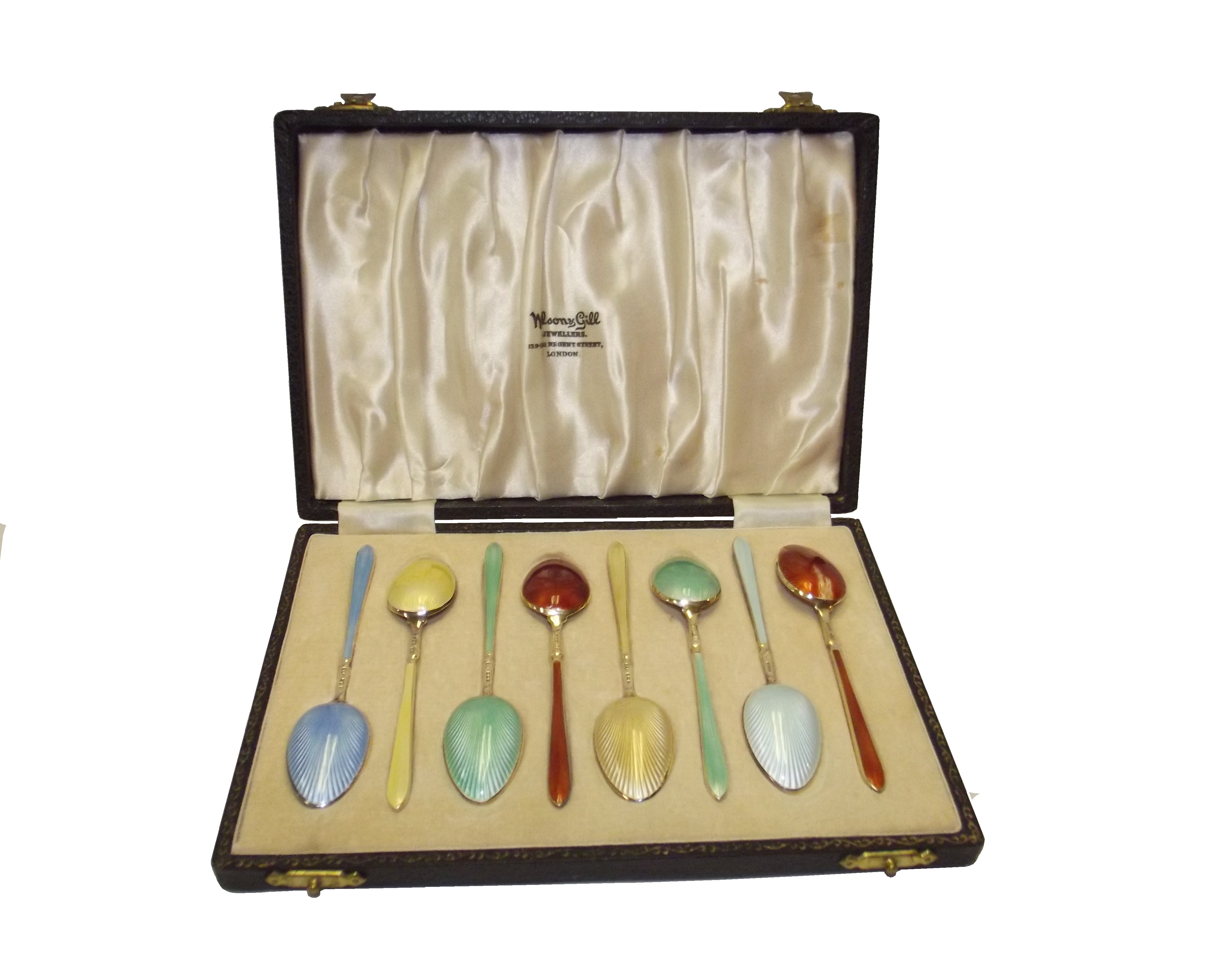 Set of Eight Sterling Silver Demitasse Spoons with Gold Wash and Enamel